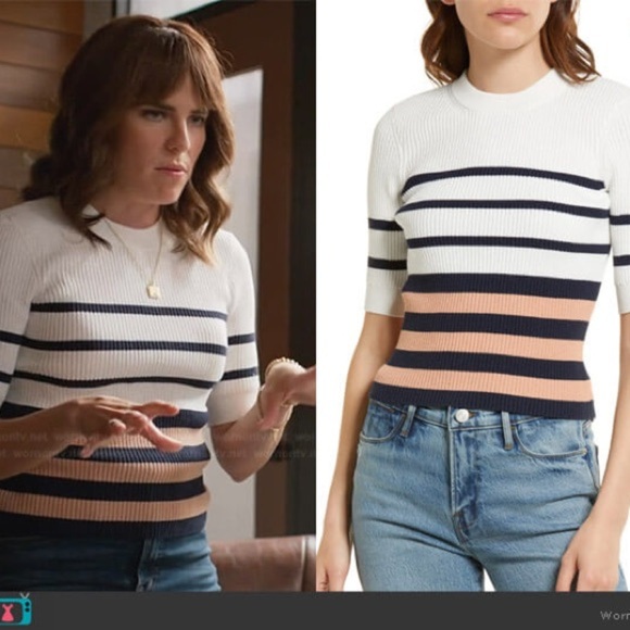 FRAME Denim Shrunken Rib Crew Short Sleeve Sweater in Pink Clay Multi size XS - Picture 12 of 12